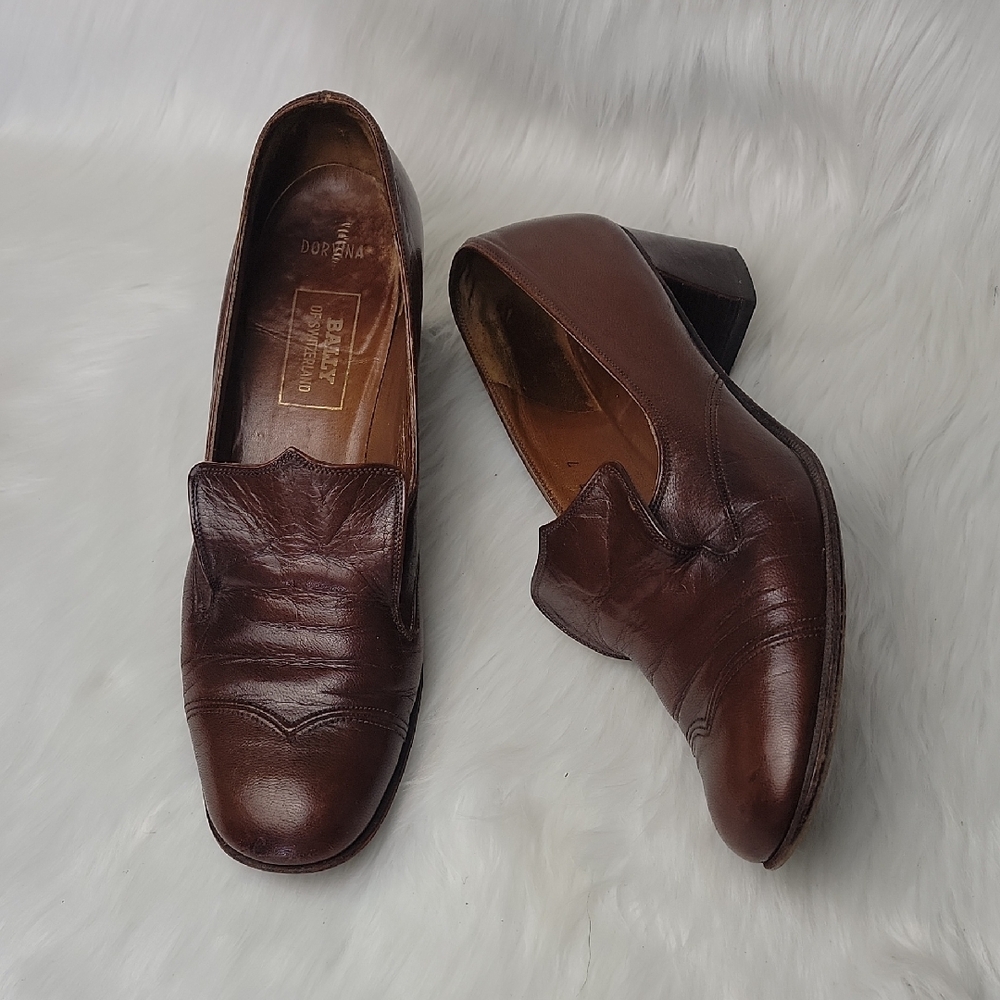 BALLY OF SWITZERLAND Brown Block Heel Preppy Office VTG Victorian Loafer Heels‎